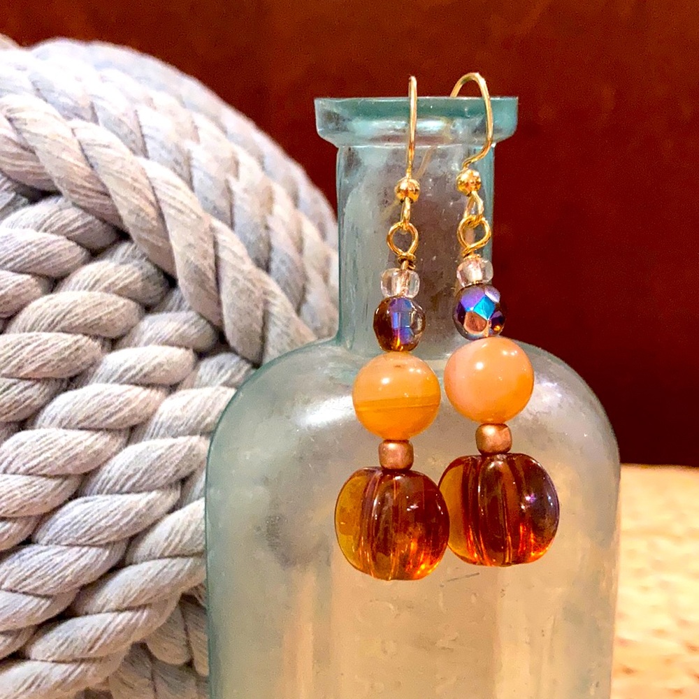 Natural Carnelian and amber glass drop earrings